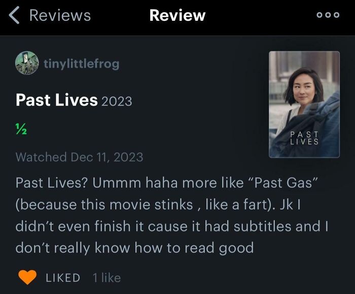Screenshot of a humorous product review making a joke about the movie Past Lives with witty and sarcastic comments.