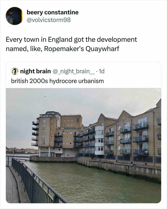 British memes showing 2000s urban waterfront development with balconies and distinctive quay wharf architecture in the U.K.