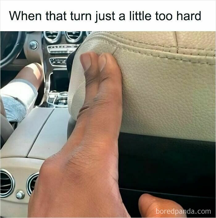 Close-up of a foot pressed awkwardly against a car seat, a hilariously relatable meme about uncomfortable moments.