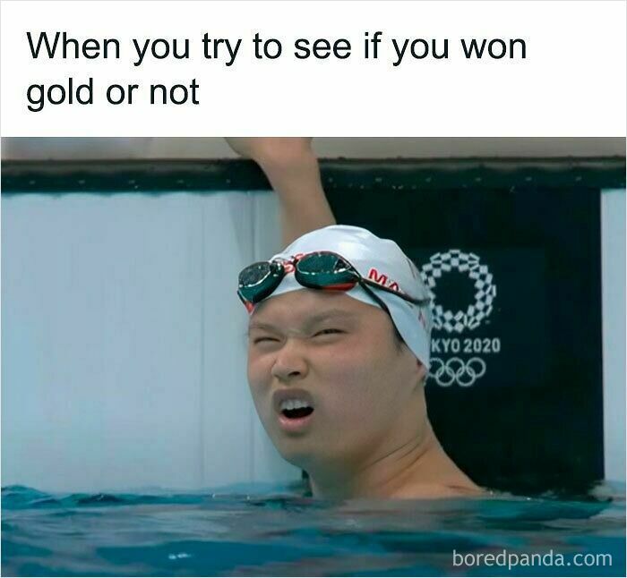 Swimmer squinting in a pool trying to see if they won gold, a relatable meme expressing confusion and anticipation.