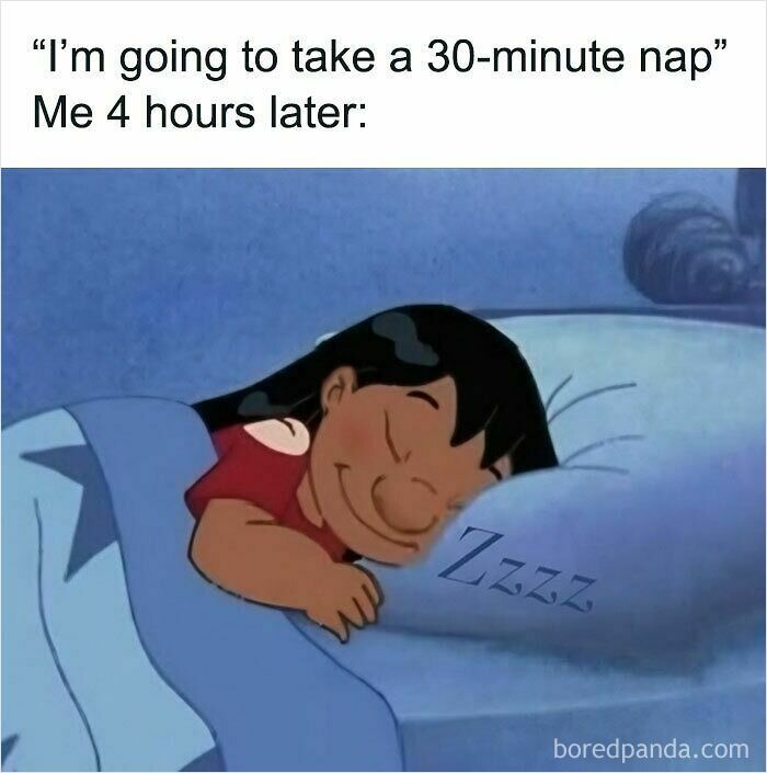Person smiling peacefully in bed showing a relatable meme about naps from 100 hilariously relatable memes.