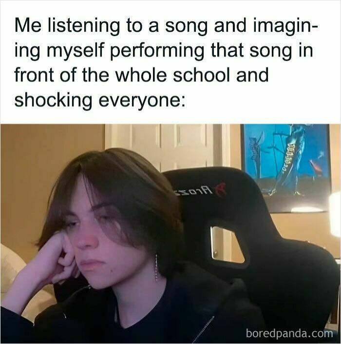 Person looking bored and imagining performing a song, illustrating hilariously relatable memes about feeling called out.