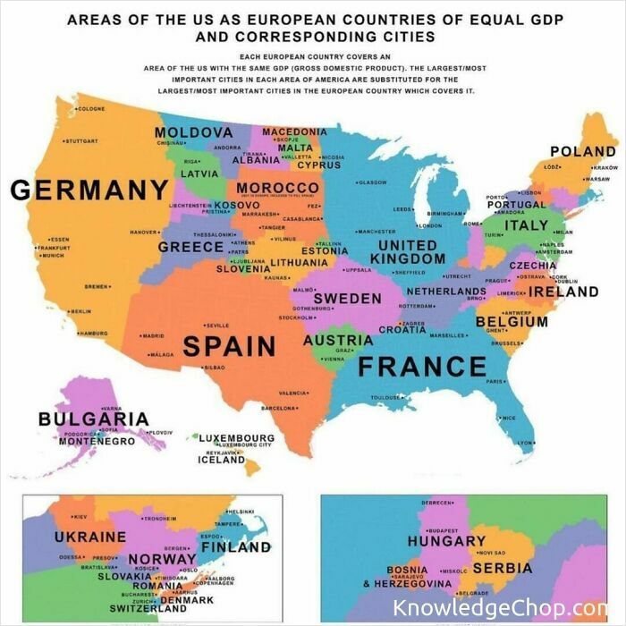 Map comparing areas of the US to European countries by equal GDP and corresponding major cities shown.