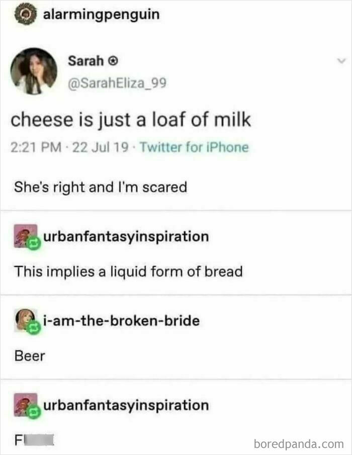 Funny science meme about cheese as a loaf of milk, with comments linking it to bread and beer, related to photosynthesis humor.