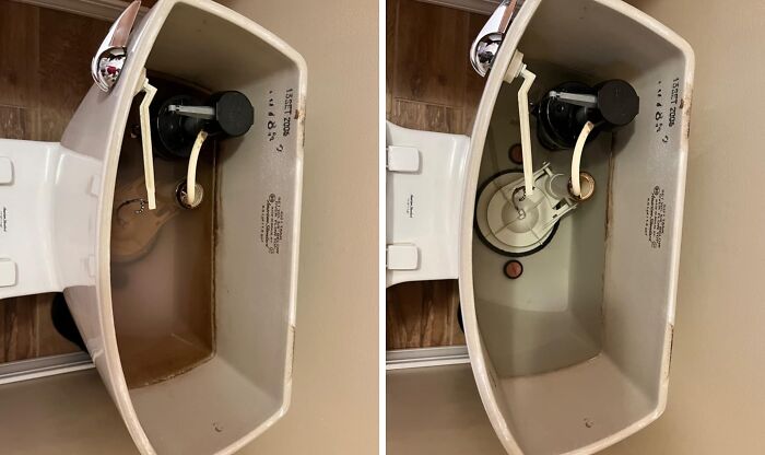 Toilet tank before and after cleaning showing low-lift, high-impact bathroom improvements for better function and appearance