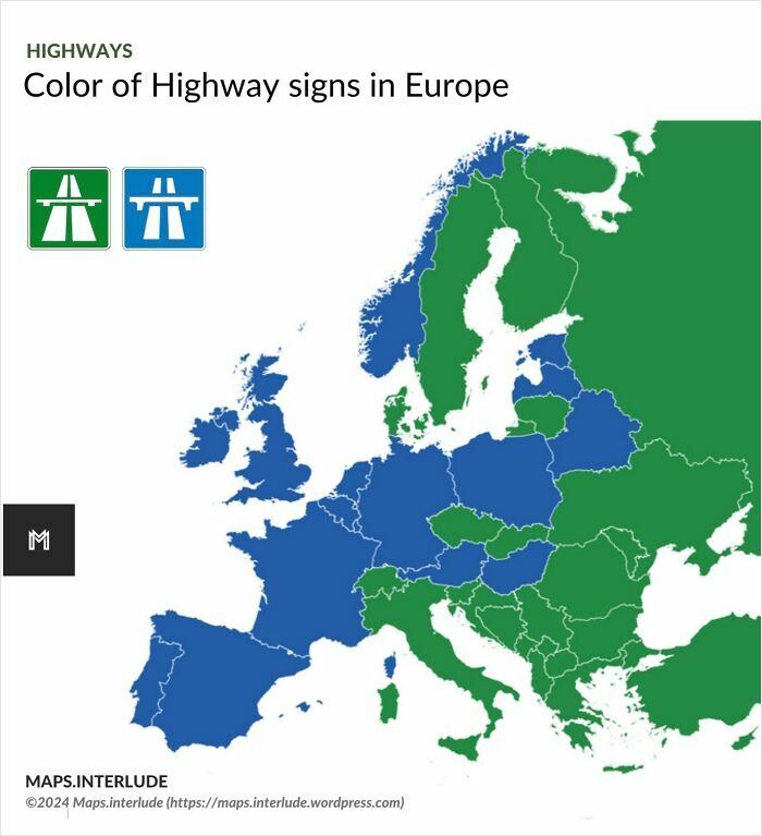 Map of Europe showing colors of highway signs by country, highlighting regional differences in parts of the world.