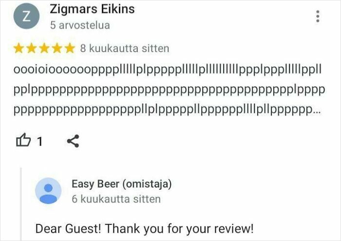 Review with humorous nonsense text from a user and a polite business response showing immaculate sense of humor in product reviews.