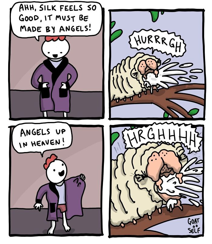 Comic by Canadian artist Cameron Spires showing a humorous sheep coughing and a person praising silk in a robe.