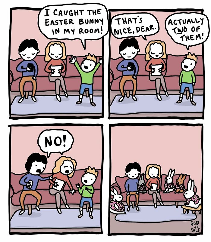 Comic strip by Cameron Spires showing a family humorously interacting with Easter bunnies in an absurd scene.