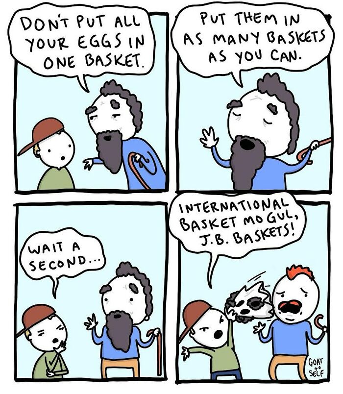 Comic by Cameron Spires featuring absurd humor about baskets and eggs in a unique cartoon style.