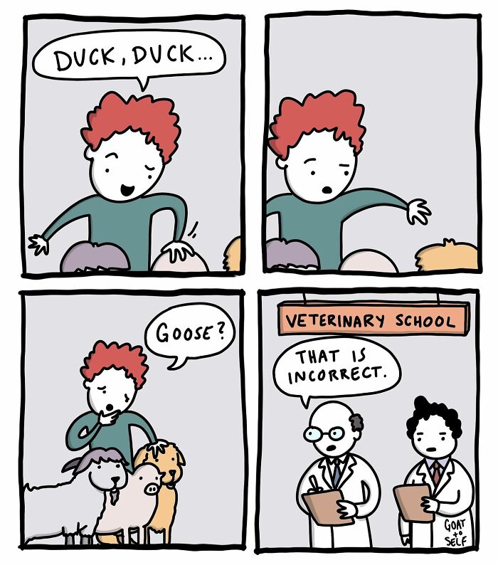 Comic by Canadian artist Cameron Spires showing a vet school humorously correcting a mistaken animal identification.