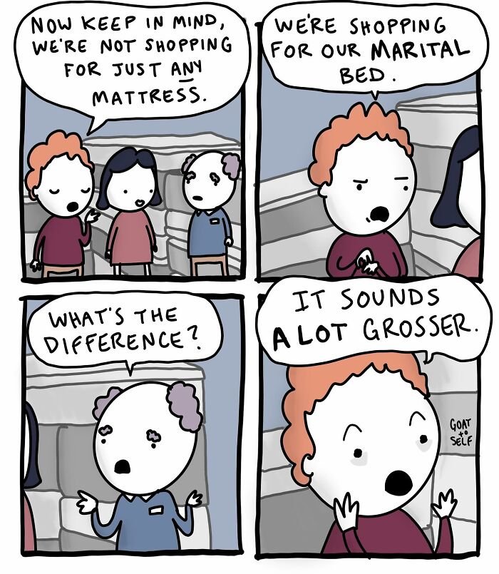 Comic strip by Canadian artist Cameron Spires shows a humorous conversation about shopping for a marital bed mattress.