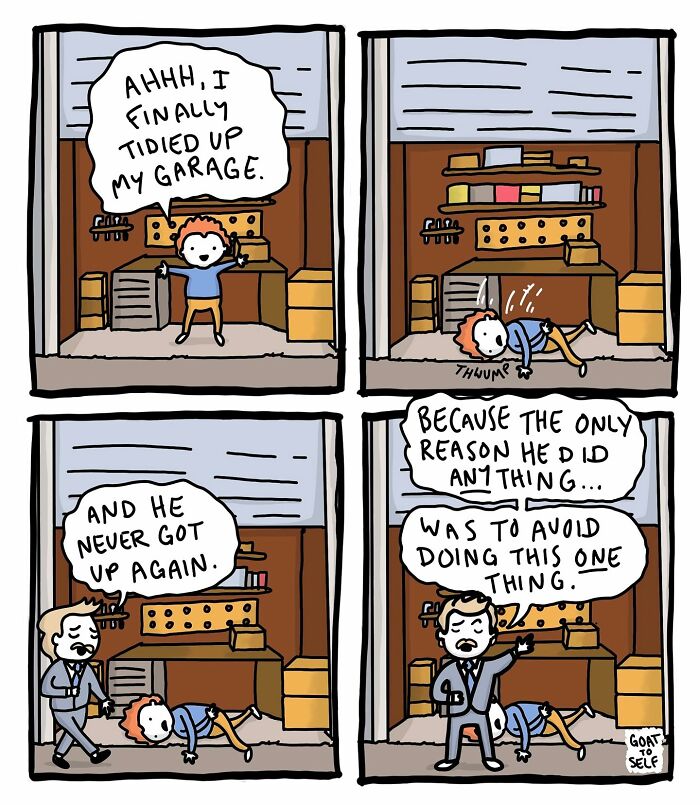 Absurd comic by Canadian artist Cameron Spires showing a man falling after tidying his garage in four panels.