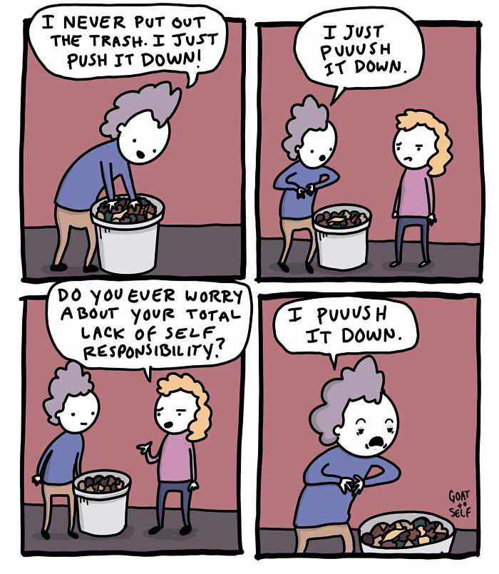 Absurd comic by Canadian artist Cameron Spires shows a character humorously pushing down trash, avoiding responsibility.