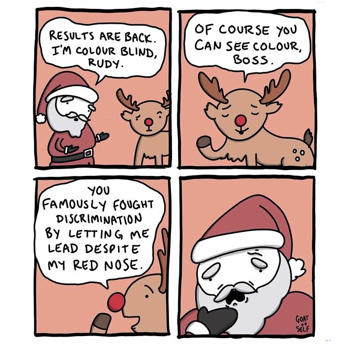 Comic strip showing Santa and Rudolph with dialogue about color blindness and discrimination, a hilariously absurd comic by Cameron Spires.
