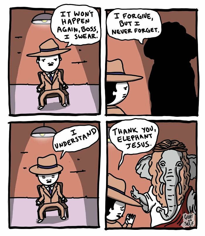 Absurd comic by Canadian artist Cameron Spires showing a detective scene with a surreal elephant Jesus character.