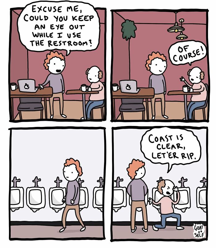 Absurd comic by Canadian artist Cameron Spires showing a humorous restroom scene with quirky dialogue and characters.