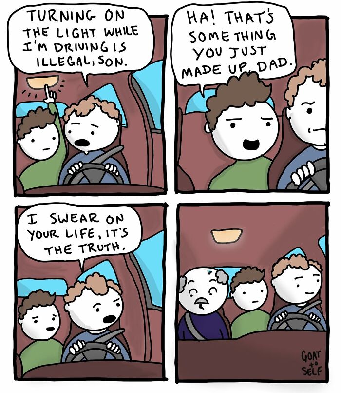 Absurd comic by Canadian artist Cameron Spires shows a humorous father-son conversation about driving and car lights.