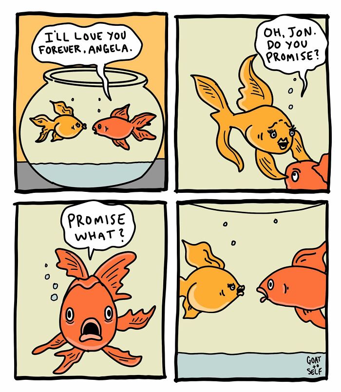Absurd comic by Canadian artist Cameron Spires showing two goldfish with a humorous conversation about promises.