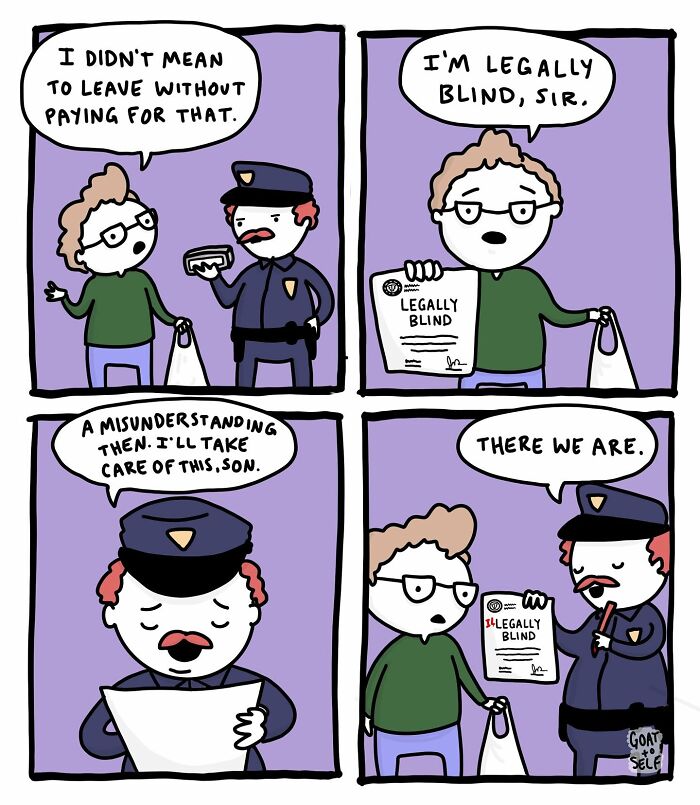 Comic strip by Cameron Spires showing a man and a police officer discussing a legally blind certificate humorously.