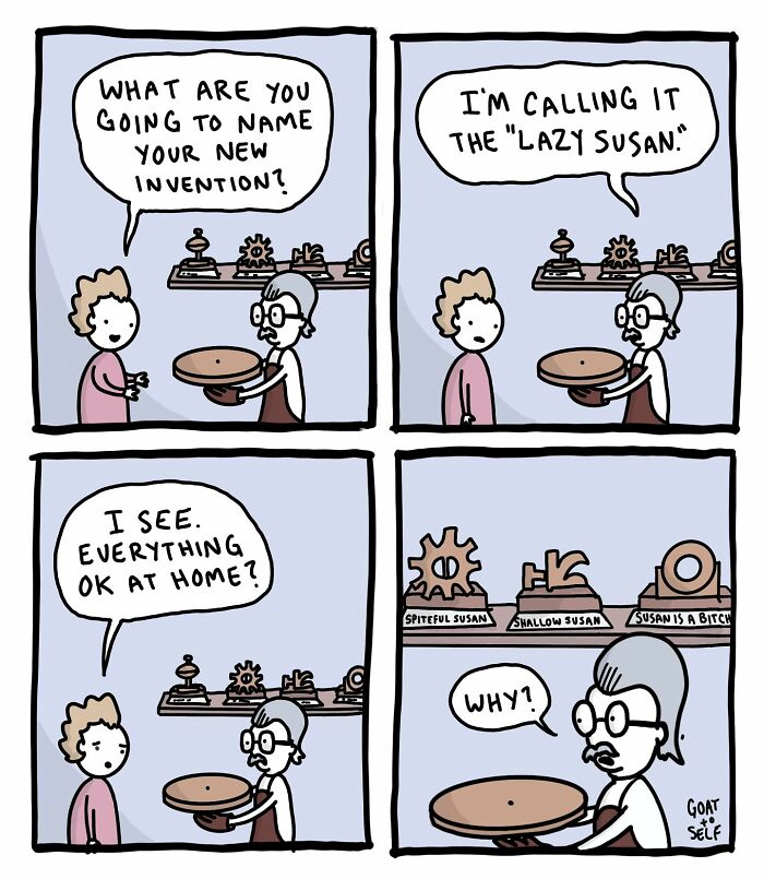 Absurd comic by Canadian artist Cameron Spires shows characters humorously naming inventions in a quirky conversation.