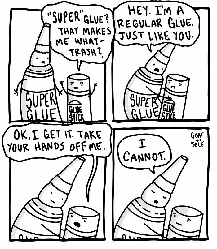 Comic strip featuring absurd humor with anthropomorphic glue characters by Canadian artist Cameron Spires.