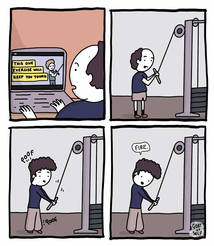 Absurd comic by Cameron Spires shows a man attempting a weird exercise to stay young with unexpected results.