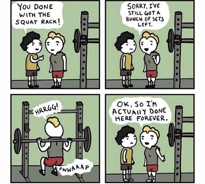 Two characters in a hilarious absurd comic by Cameron Spires, one struggling with a squat rack in a gym setting.
