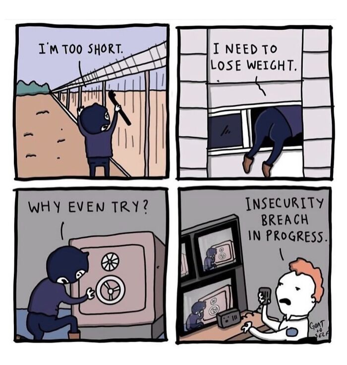 Absurd comic panels by Canadian artist Cameron Spires showing a character's insecurities and humorous self-reflection.