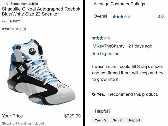 Shaquille O'Neal signed Reebok sneaker review showing humor in product and service customer feedback.