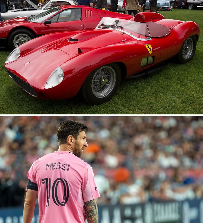 Red vintage Ferrari car on grass field showcasing lavish cars owned by football's richest players in a luxury automobile collection.