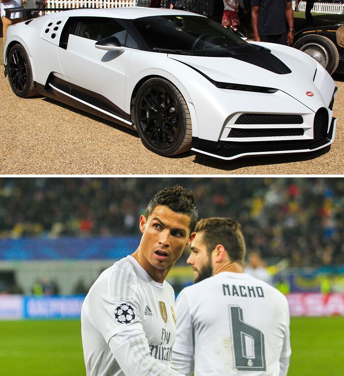 White luxury sports car parked on gravel and professional football players in action during a match stadium scene.