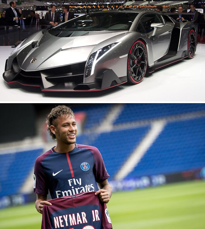 Silver luxury sports car showcased at an auto event, paired with a football star holding a personalized jersey.