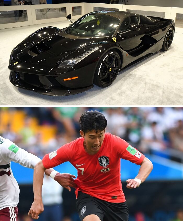 Black luxury sports car displayed indoors paired with a football player in action during a competitive match.