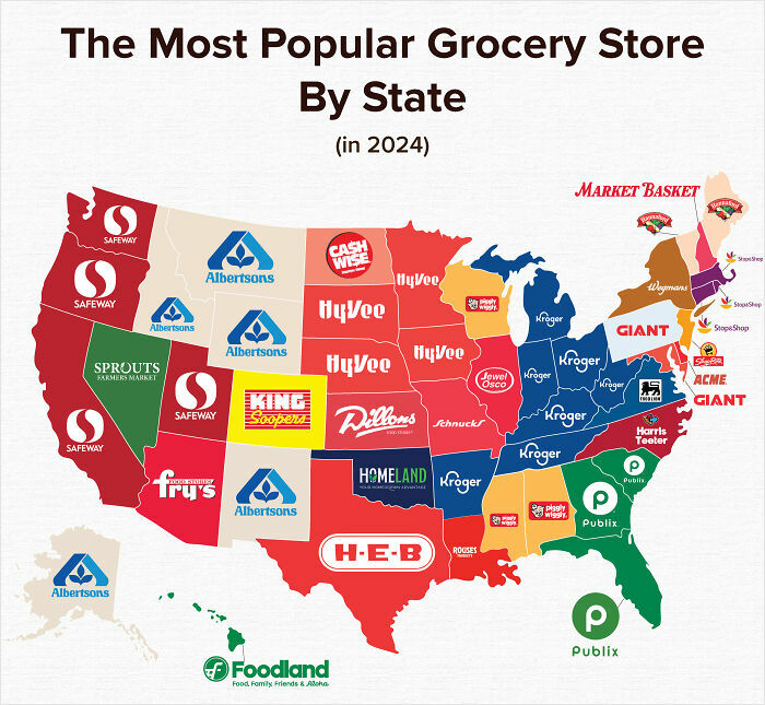 Map showing the most popular grocery store by state in 2024, highlighting parts of the world with informative regional stores.