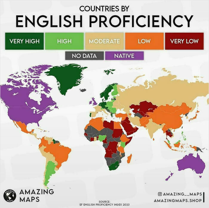 World map chart showing countries by English proficiency levels including very high, high, moderate, low, and very low indicators.