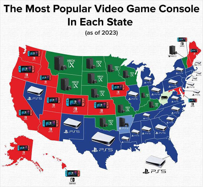 Map showing the most popular video game consoles in each US state with Xbox, PlayStation, and Nintendo Switch icons.