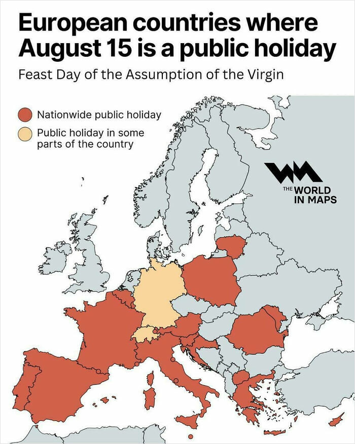 Map showing European countries where August 15 is a public holiday, highlighting parts of the world with unique holiday observances.