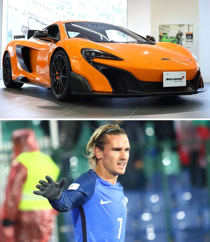 Orange McLaren luxury car showcased indoors, paired with football player wearing blue jersey during a match, highlighting lavish cars.