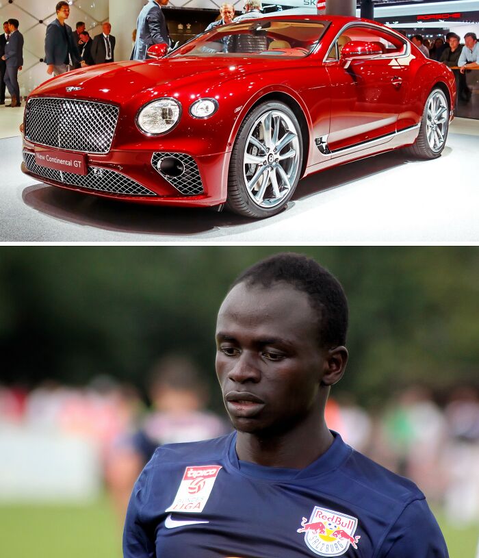 Red luxury sports car displayed indoors and football player in Red Bull Salzburg jersey outdoors.