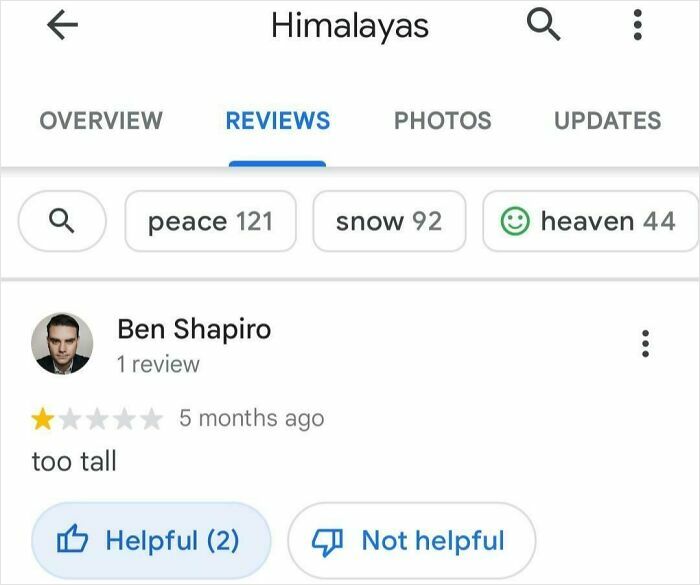 Screenshot of a humorous product review on Himalayas showing a one-star rating and the comment too tall.