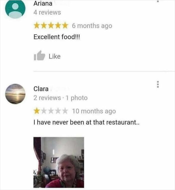 Funny product and service reviews showing humorous and honest customer feedback with star ratings and comments.