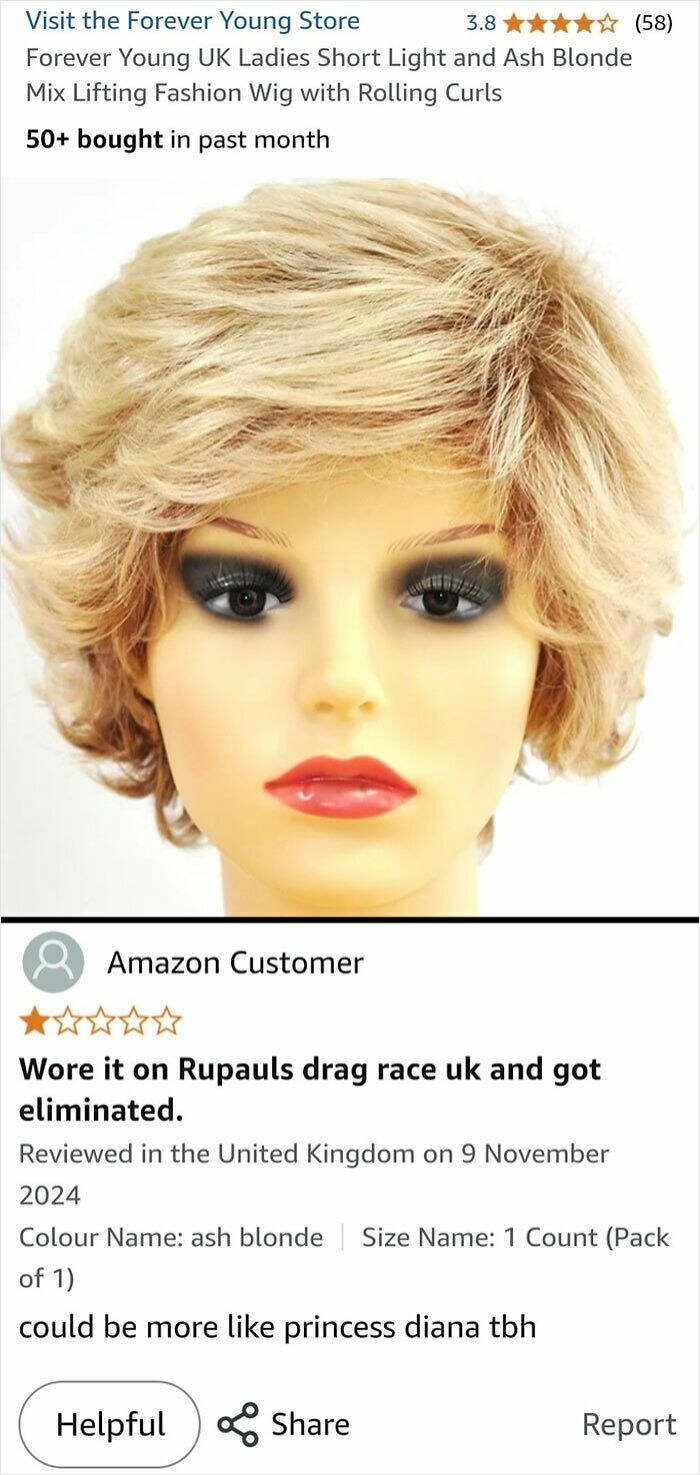 Wig product with a humorous customer review showing an immaculate sense of humor in product and service reviews.
