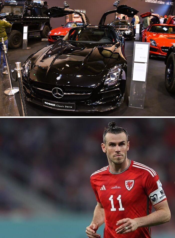 Black Mercedes sports car with gullwing doors open at a luxury car show, highlighting lavish cars of football's richest.
