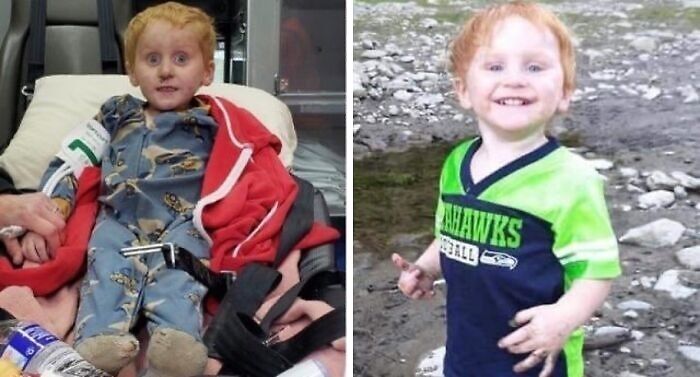 Side-by-side images of a young child, one in pajamas in a medical setting, and the other smiling outdoors, unsettling images theme.