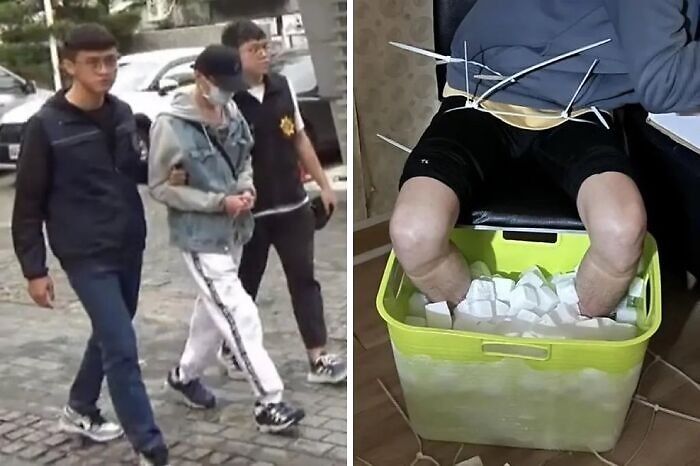 Left side shows a handcuffed person escorted by two men; right side shows legs in ice bucket, unsettling images from morbid knowledge group.