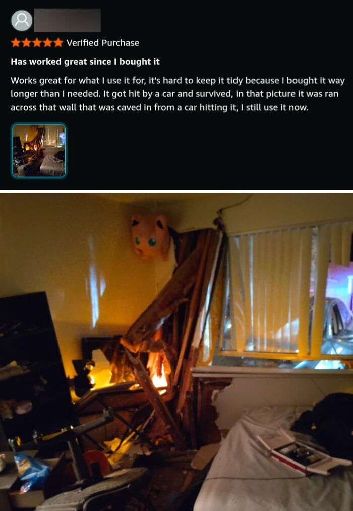 Funny product and service review showing a car crashed into a wall inside a room, highlighting humor in reviews.