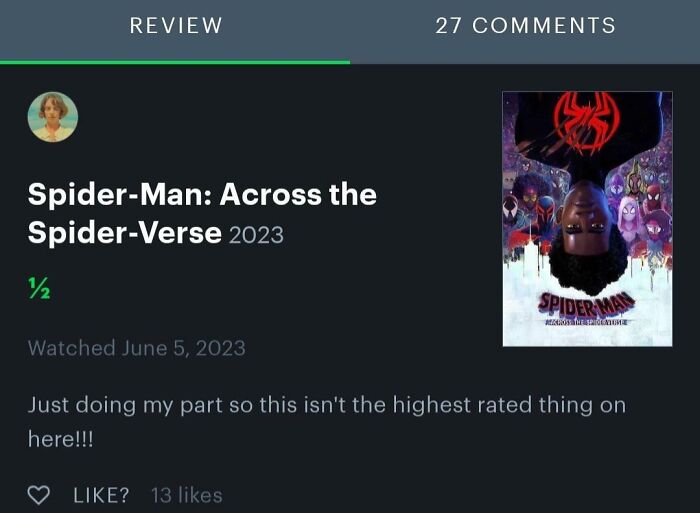 User review of Spider-Man: Across the Spider-Verse with humorous tone in product and service reviews.