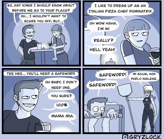 Comic strip showing a funny, weird, and dark conversation about roleplay with an Italian pizza chef dominatrix.