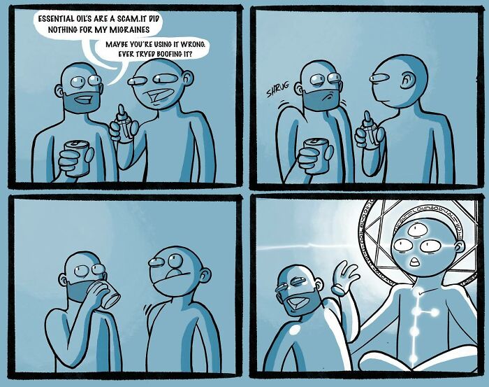 Blue cartoon characters in a dark, weird, and funny comic discussing essential oils with a supernatural twist.
